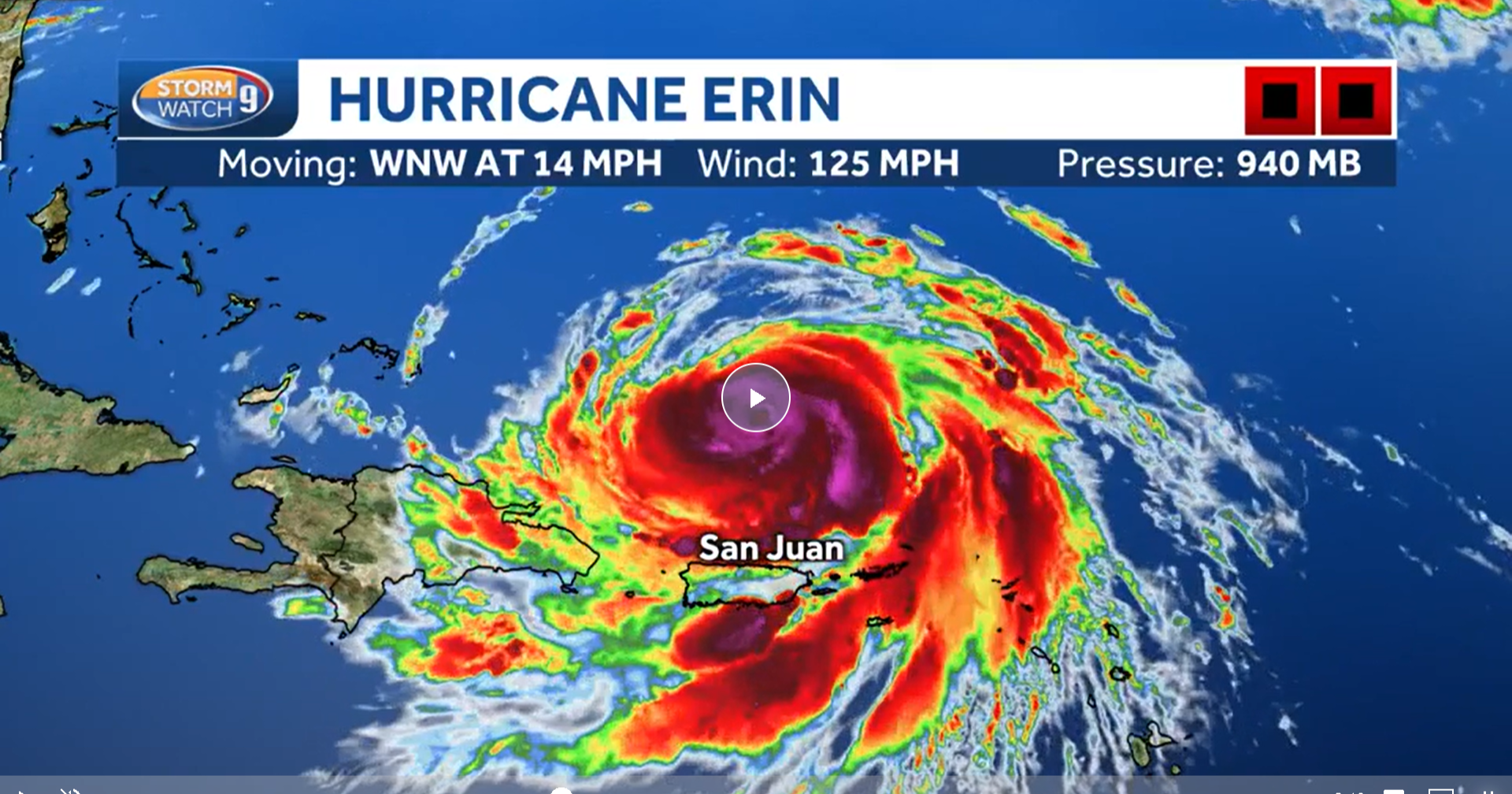 Hurricane Erin churning north of the Caribbean with strong storm bands visible