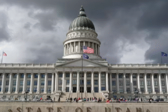 "Map of Utah highlighting the current four congressional districts and the division of Salt Lake County."