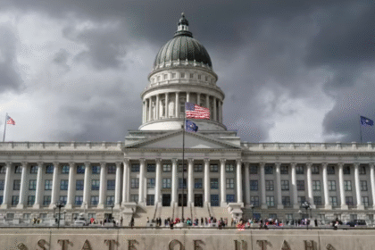 "Map of Utah highlighting the current four congressional districts and the division of Salt Lake County."