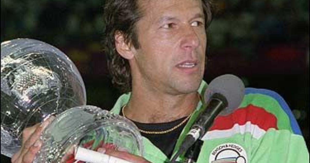 Imran Khan, in his cricket days, bowls on the field in a white uniform, showcasing his past as Pakistan’s World Cup-winning captain.