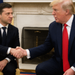 Donald Trump shaking hands with Volodymyr Zelensky at the White House.