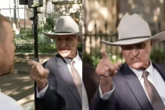 Bob Katter speaking at a press conference with an Australian flag