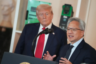 Portrait of Jensen Huang speaking on FOX Business, discussing AI and chip exports to China.