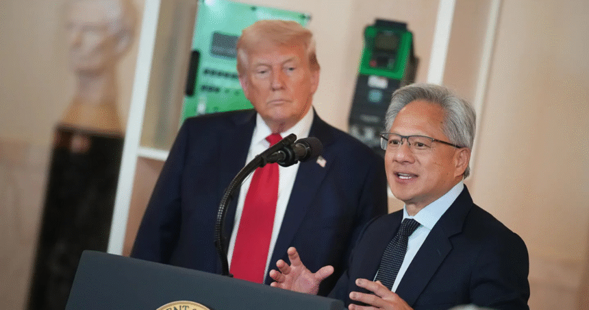 Portrait of Jensen Huang speaking on FOX Business, discussing AI and chip exports to China.