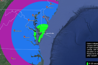 Three NASA sounding rockets launching from Wallops Island, Virginia, releasing glowing green, red, and silver vapor trails in the night sky.