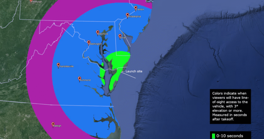 Three NASA sounding rockets launching from Wallops Island, Virginia, releasing glowing green, red, and silver vapor trails in the night sky.