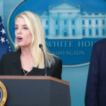 Attorney General Pam Bondi speaking at a press conference on gun seizures in Washington D.C.