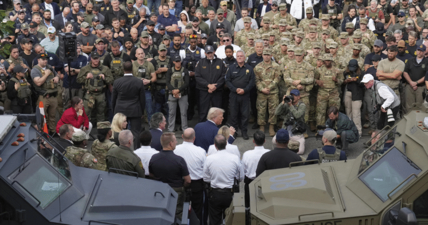 Armed National Guard troops patrolling near the U.S. Capitol during Trump’s crime crackdown in Washington, D.C.