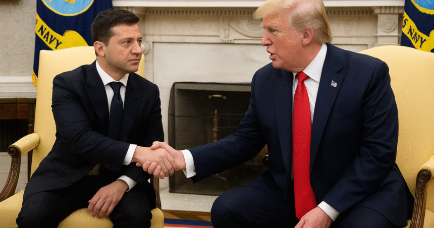 Donald Trump shaking hands with Volodymyr Zelensky at the White House.