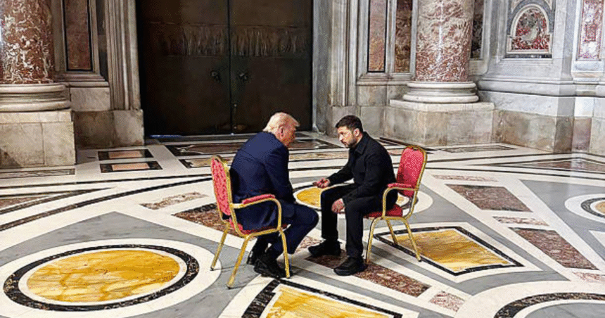 Ukrainian President Volodymyr Zelenskiy speaks at a press conference in Kyiv, standing at a podium with the Ukrainian flag, discussing U.S. support in peace talks.